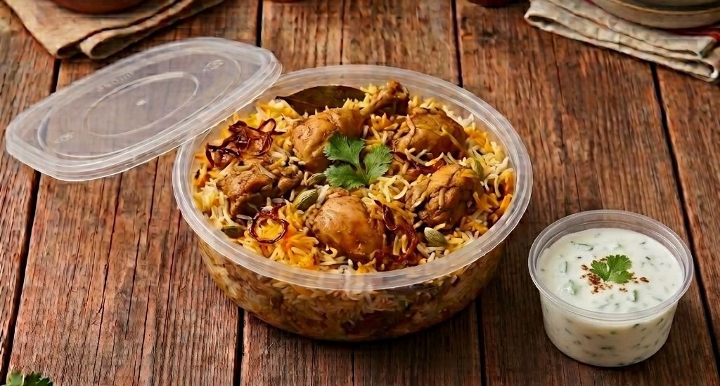 Chicken biryani in a takeaway box with a side of raita