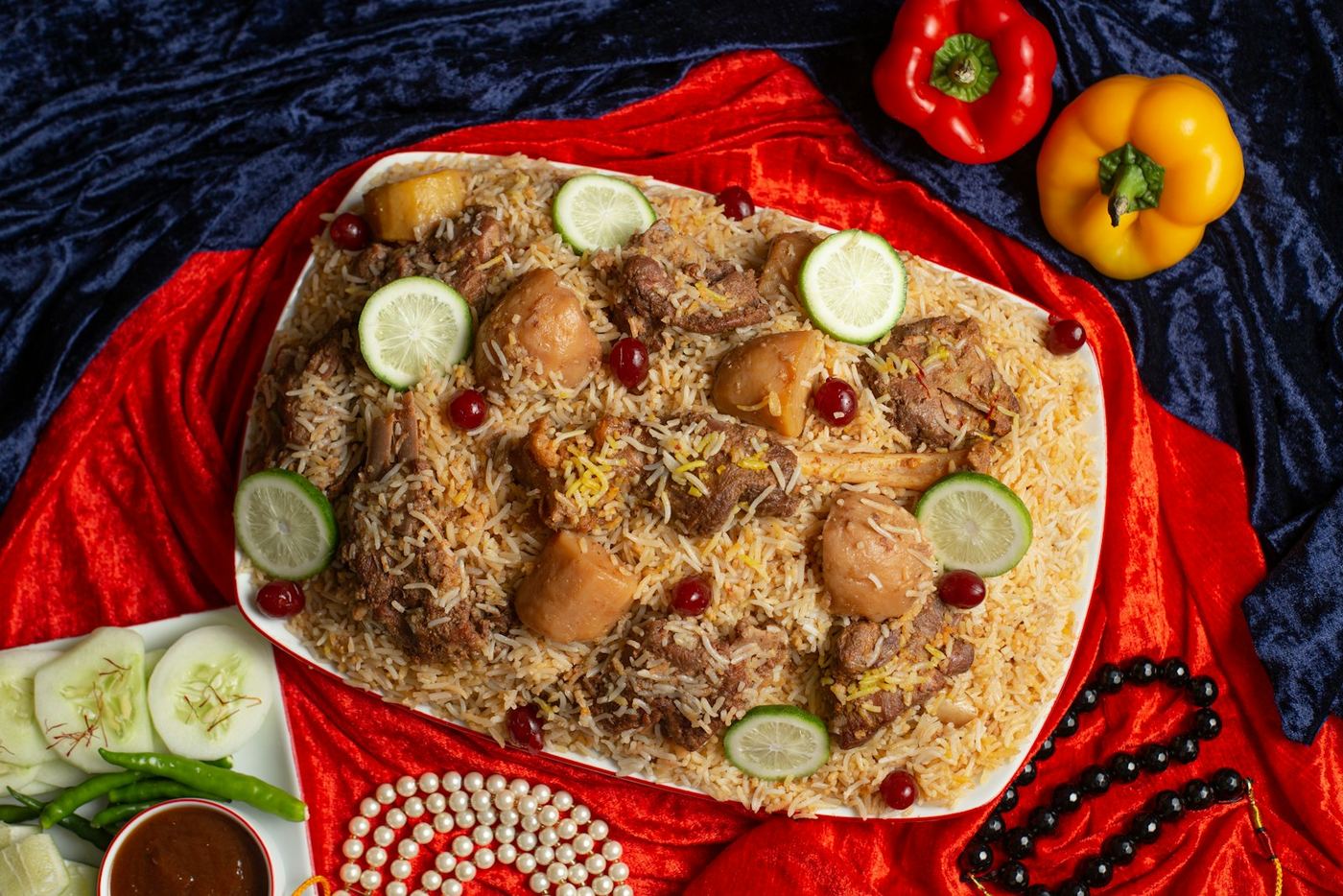 A platter of biryani with potatoes, garnished with lime